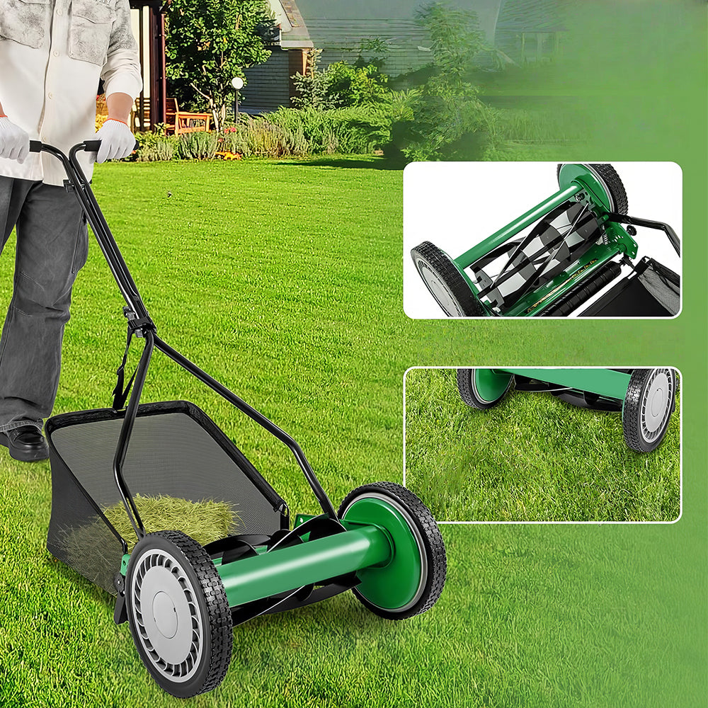 14" 5-Blade Push Reel Lawn Mower with 7-Gallon Grass Catcher Bag